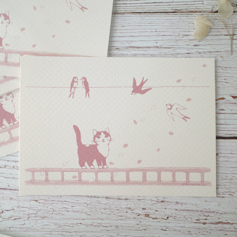 Pottering Cat Postcard - Cherry blossom