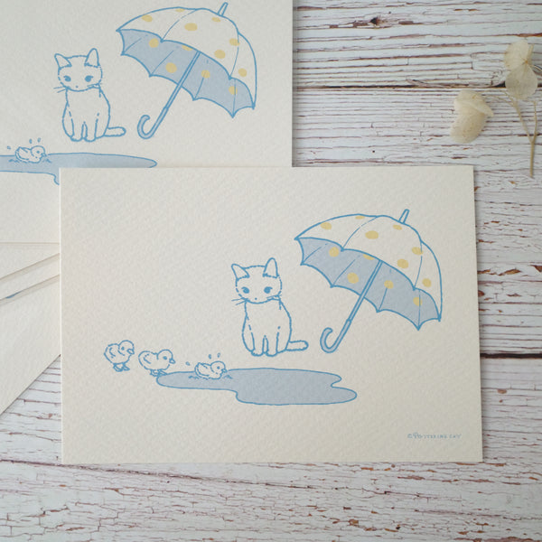 Pottering Cat Postcard - Dot umbrella